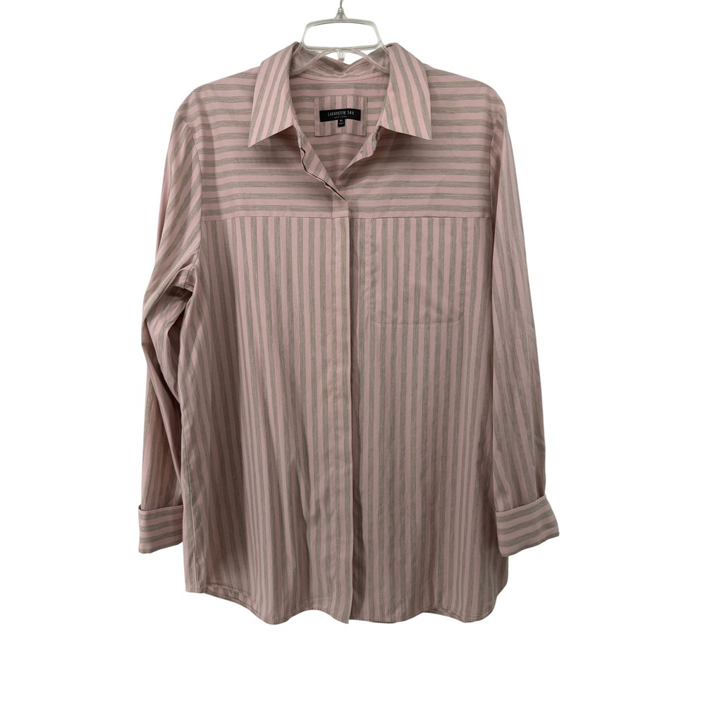 Lafayette 148 New York Pink Taupe Striped Cotton Blouse Shirt XL Long Sleeve